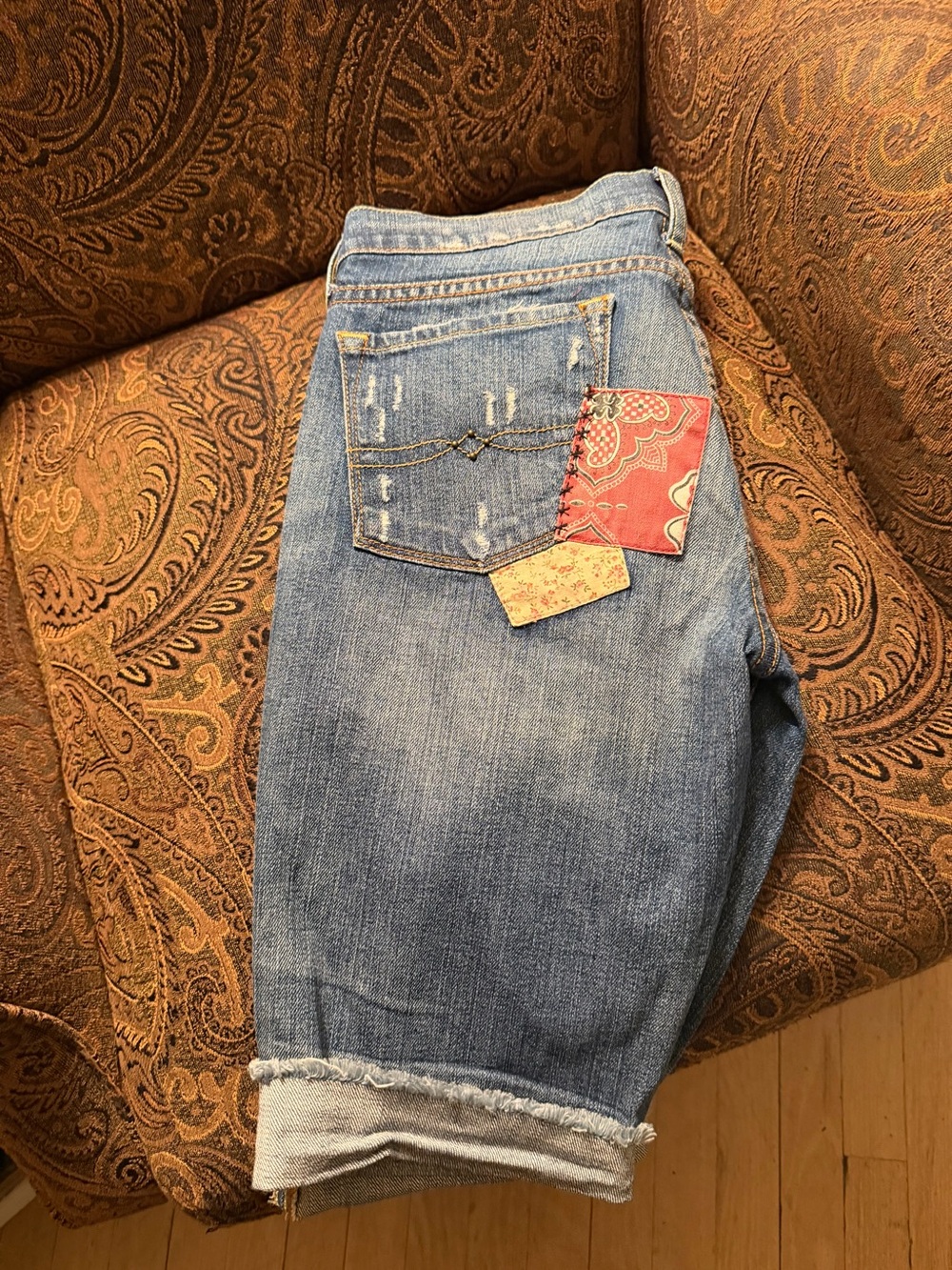 Lucky Brand Blue Denim Patchwork Shorts with orange  & Floral Accents/Size 6 - Picture 3 of 3